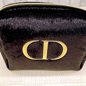 Brand New Dior Black Velour Sequin Cosmetic Bag with Gold Accents GWP